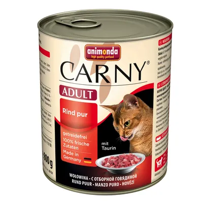 Konzerva Animonda Carny Adult Rind pur, hovädzie, 800 g. Text: getreidefrei, 100% frische Zutaten, Made in Germany, mit Taurin. Obrázok mačky a misky s kúskami mäsa.