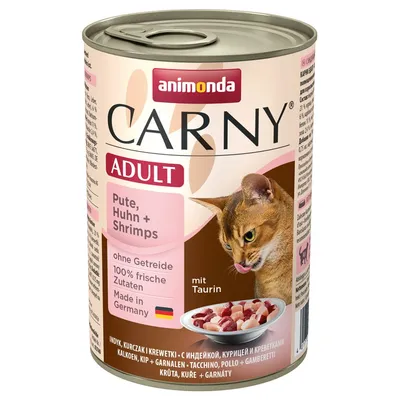 animonda CARNY ADULT Pute, Huhn + Shrimps. Ohne Getreide, 100% frische Zutaten, Made in Germany, mit Taurin. Dåse med billede af foder i skål.