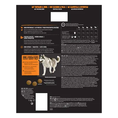 Achterkant hondenvoerzak met voedingsadvies per gewicht, ingrediëntenlijst, analyse: eiwit 28%, vet 18%, ruwe vezel 3%, zonder granen, afbeelding van hond en brokjes, inhoud 1 kg.