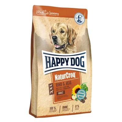 Happy Dog NaturCroq Manzo & Riso Adult. Prodotto in Germania, ingredienti 100% naturali, senza zuccheri aggiunti, 0% conservanti artificiali.