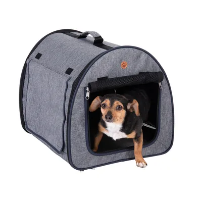 Transporttasche aus grauem Stoff mit Tragegriff und Netzfenster, Hund sitzt im Inneren. Geeignet für Reisen oder Transport von Haustieren.