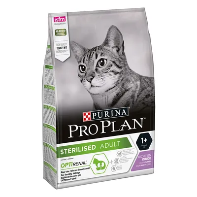 Pachet hrană uscată pentru pisici Purina Pro Plan Sterilised Adult, OPTIRENAL, 1+ ani, bogată în curcan. Text vizibil: 'NO ADDED artificial colourants', 'HIGH QUALITY TURKEY N°1 INGREDIENT'.