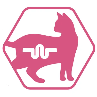 Силует на котка с абстрактен символ във формата на черва в областта на корема, розов цвят, без видим текст или марка.