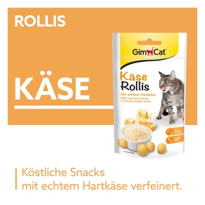 GimCat Käse Rollis, snacks pour chats au fromage à pâte dure, sans sucre ajouté, sans céréales. Texte en allemand : Köstliche Snacks mit echtem Hartkäse verfeinert.
