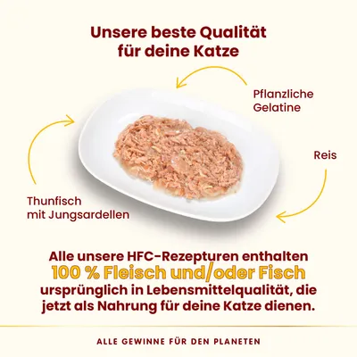 Texte en allemand : Thunfisch mit Jungsardellen, Pflanzliche Gelatine, Reis. 100 % Fleisch und/oder Fisch ursprünglich in Lebensmittelqualität, jetzt als Nahrung für deine Katze.