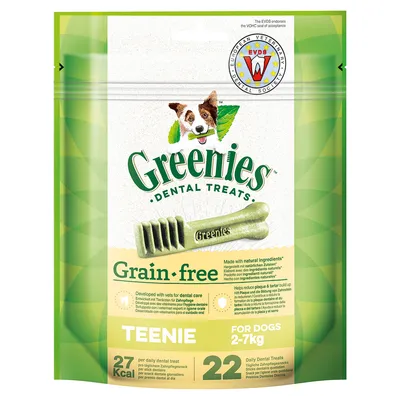 Greenies Dental Treats Grain-free TEENIE voor honden 2–7 kg, 22 stuks, 27 kcal per snack. EVDS keurmerk zichtbaar op verpakking.