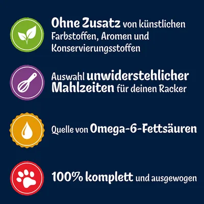 Ohne Zusatz von künstlichen Farbstoffen, Aromen und Konservierungsstoffen. Auswahl unwiderstehlicher Mahlzeiten. Quelle von Omega-6-Fettsäuren. 100% komplett und ausgewogen.