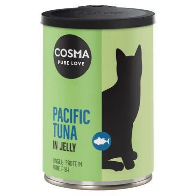 Boîte Cosma Pure Love, texte visible : Pacific Tuna in Jelly, Single Protein Pure Fish, silhouette de chat et poisson sur l’étiquette verte.