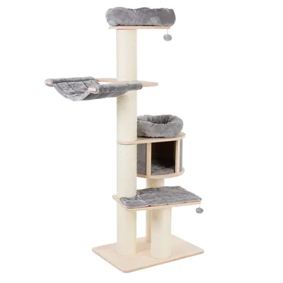 Драскалка от дърво със сизалови стълбове, сиви легла, къщичка и топка за игра.