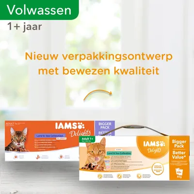 IAMS Delights Land & Sea Collection Adult 1+ kattenvoer, nieuw verpakkingsontwerp, Bigger Pack Better Value, 48x85g. Tekst: Volwassen 1+ jaar, bewezen kwaliteit.