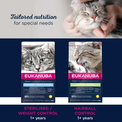 EUKANUBA kattenvoer, varianten: Sterilised/Weight Control 1+ jaar en Hairball Control 1+ jaar, beide in 2 kg verpakking. Tekst: Tailored nutrition for special needs.