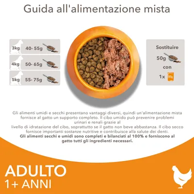 Guida all'alimentazione mista per gatti adulti: 3 kg 40–55 g, 4 kg 50–65 g, 5 kg 55–75 g. Sostituire 50 g di secco con 1 busta da 85 g umido. Adulto 1+ anni.