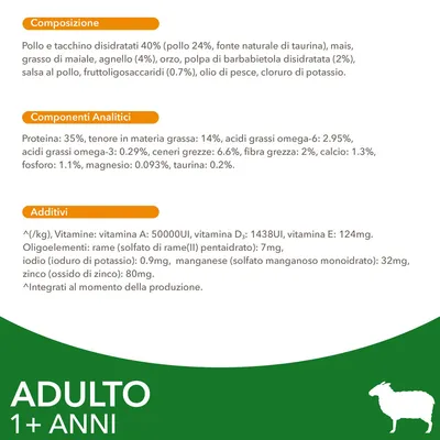 Composizione: pollo e tacchino disidratati 40%, mais, grasso di maiale, agnello 4%, orzo, polpa di barbabietola, olio di pesce. Componenti analitici: proteina 35%, grassi 14%. Adulto 1+ anni.