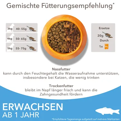 Gemischte Fütterungsempfehlung für Katzen: 3kg 40-55g, 4kg 50-65g, 5kg 55-75g. Ersetze 20g Trockenfutter durch 1x 85g Nassfutter. Geeignet ab 1 Jahr.