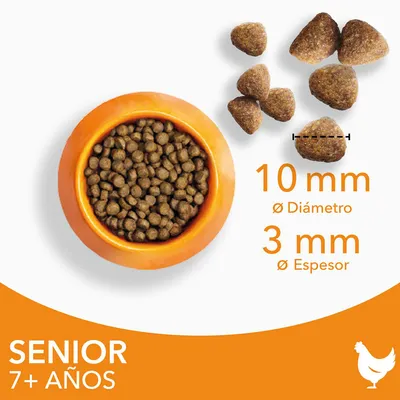 Pienso para perros senior 7+ años, croquetas de 10 mm de diámetro y 3 mm de espesor. Imagen de bol naranja con pienso y croquetas sueltas. Icono de pollo visible.