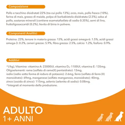 Composizione: pollo e tacchino disidratati 22 %, orzo, mais, pollo fresco 10 %. Componenti analitici: proteina 23 %, grassi 13 %. Additivi: vitamina A 23000 UI, D3 1100 UI, E 135 mg. Adulto 1+ anni.