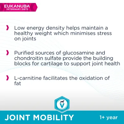 Engelse tekst: Eukanuba Veterinary Diets Joint Mobility 1+ year. Voordelen: lage energiedichtheid, gezuiverde glucosamine en chondroïtinesulfaat, L-carnitine bevordert vetoxidatie.