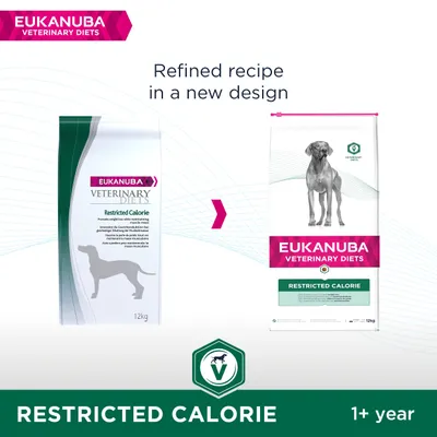 EUKANUBA Veterinary Diets Restricted Calorie hondenvoer, oud en nieuw verpakkingsontwerp, 12 kg. Tekst: Refined recipe in a new design, RESTRICTED CALORIE, 1+ year.