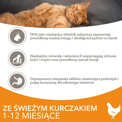 ZE ŚWIEŻYM KURCZAKIEM 1–12 MIESIĄCE. DHA wspiera rozwój mózgu i wzrok, minerały i witamina D zdrowie kości i mięśni, mieszanka włókien z prebiotykami i pulpą buraczaną dla trawienia.