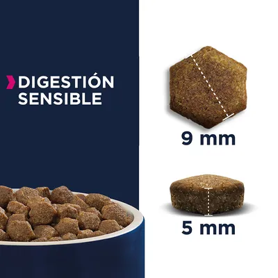 Ração seca com texto em espanhol 'DIGESTIÓN SENSIBLE'. Mostra croquete de 9 mm de largura e 5 mm de altura.
