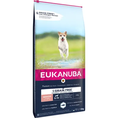EUKANUBA Grain Free Senior S/M, premium dry food for small and medium breed dogs over 7 years, rich in ocean fish, 12kg bag. Visible text: Low Allergen Recipe.