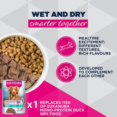 Eukanuba Mono-Protein Adult märkäruoka korvaa 115 g kuivaruokaa. Erilaisia koostumuksia ja runsaita makuja, kehitetty täydentämään ruokavaliota. Kuvassa: kuppi, jossa on kuivaruokaa ja märkäruokaa. Eukanuba Mono-Protein Adult märkäruoka korvaa 115 g kuivaruokaa. Erilaisia koostumuksia ja runsaita makuja, kehitetty täydentämään ruokavaliota. Kuvassa: kuppi, jossa on kuivaruokaa ja märkäruokaa.