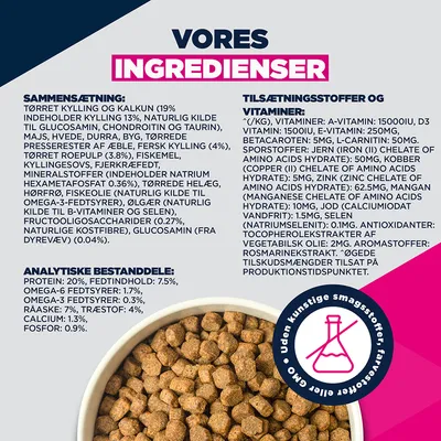 Ingrediensliste, analytiske bestanddele og tilsætningsstoffer i tørfoder. Indeholder oplysninger om protein, fedt, vitaminer, mineralstoffer. Bemærk: Uden kunstige smagsstoffer eller farvestoffer.