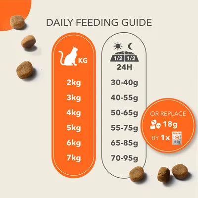 Denný kŕmny návod pre mačky podľa hmotnosti: 2 kg 30–40 g, 3 kg 40–55 g, 4 kg 50–65 g, 5 kg 55–75 g, 6 kg 65–85 g, 7 kg 70–95 g. Možno nahradiť 18 g alebo 1x IAMS 85 g.