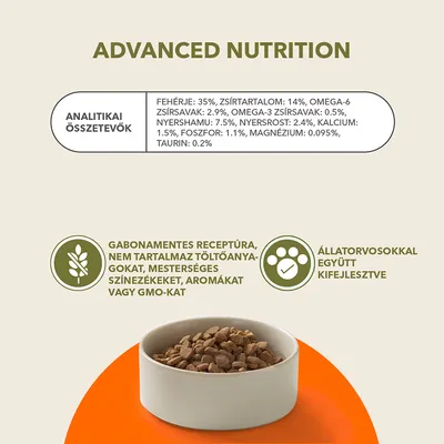 Analitikai összetevők: fehérje 35%, zsírtartalom 14%, omega-6 2,9%, omega-3 0,5%, gabonamentes receptúra, mesterséges színezékek, aromák nélkül, állatorvosokkal fejlesztve.