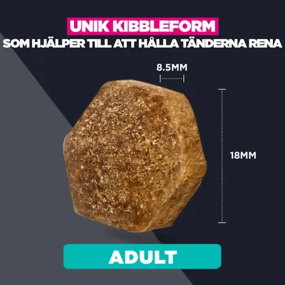 Unik foderbitsform, hjälper till att hålla tänderna rena. Mått: 8,5 mm x 18 mm. Vuxen. Unik foderbitsform, hjälper till att hålla tänderna rena. Mått: 8,5 mm x 18 mm. Vuxen.