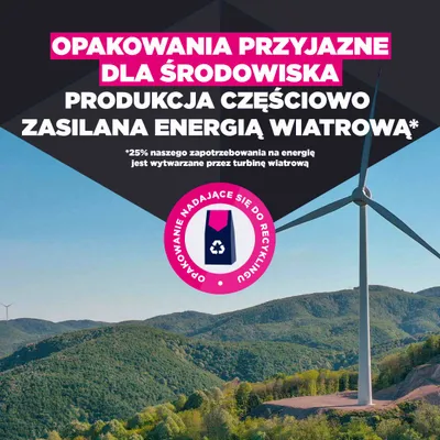 Przyjazne dla środowiska opakowanie, produkcja częściowo zasilana energią wiatrową. 25% zapotrzebowania na energię pokrywane jest przez turbinę wiatrową. Opakowanie nadaje się do recyklingu.