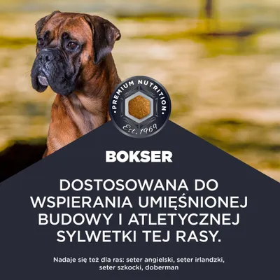 Premium Nutrition. Dostosowana do wspomagania umięśnionej budowy ciała i atletycznej sylwetki tej rasy. Odpowiednia także dla setera angielskiego, irlandzkiego, szkockiego oraz dobermana.