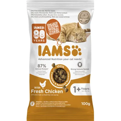 IAMS 80 vuotta, 87 % eläinproteiinia, tuoretta kanaa, vahva immuunijärjestelmä, vehnätön, ei keinotekoisia lisäaineita, kissoille alkaen 1 vuoden iästä, 100 g kokeilukoko, kierrätettävä pakkaus. IAMS 80 vuotta, 87 % eläinproteiinia, tuoretta kanaa, vahva immuunijärjestelmä, vehnätön, ei keinotekoisia lisäaineita, kissoille alkaen 1 vuoden iästä, 100 g kokeilukoko, kierrätettävä pakkaus.
