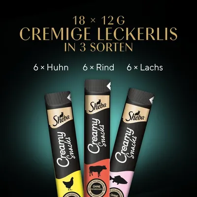 Sheba Creamy Snacks, 18 x 12g in 3 Sorten: 6x Huhn, 6x Rind, 6x Lachs. Ohne Zusatz von künstlichen Farb- und Aromastoffen, ohne Zuckerzusatz.