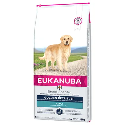 EUKANUBA Breed Specific Golden Retriever Adult tørfoder, 12 kg. Tekst: Premium dry food, til voksne hunde over 1 år. Billede af en golden retriever på forsiden af posen.