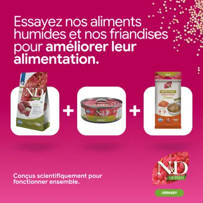 N&D Quinoa Urinary croquettes, aliments humides et Skin & Coat Cream. Développés scientifiquement pour agir ensemble. Pour une alimentation améliorée. N&D Quinoa Urinary croquettes, aliments humides et Skin & Coat Cream. Développés scientifiquement pour agir ensemble. Pour une alimentation améliorée.