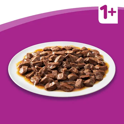 Kousky masa v omáčce na bílém talíři, v pravém horním rohu fialové pole s textem 1+