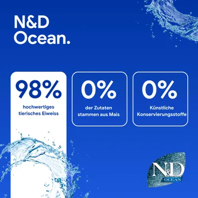 N&D Ocean. 98% hochwertiges tierisches Eiweiss, 0% der Zutaten stammen aus Mais, 0% künstliche Konservierungsstoffe.