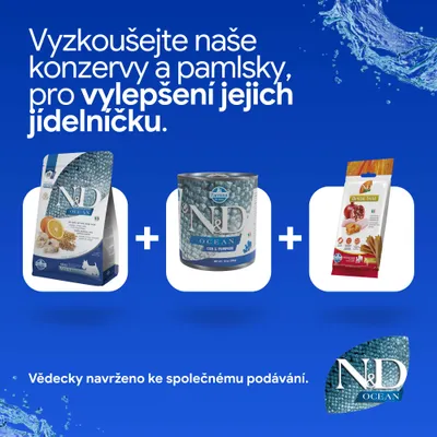 N&D Ocean suché krmivo, mokré krmivo a Dental Treats vedľa seba. Text: Pre vylepšenie jedálnička. Vedecky vyvinuté pre spoločné kŕmenie.