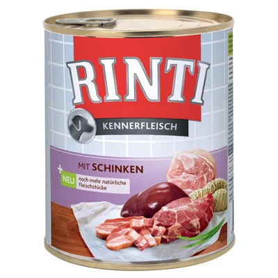Rinti Kennerfleisch blik met zichtbare stukken vlees, tekst: mit Schinken, neu noch mehr natürliche Fleischstücke. Tekst deels in het Duits.
