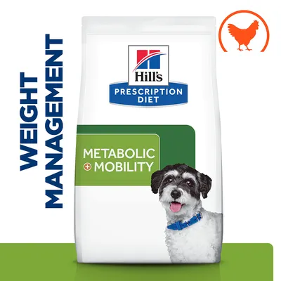 Hill's Prescription Diet Metabolic + Mobility food with weight management text and chicken icon shown on packaging.