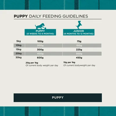 Feeding table for puppies: 5–30 kg, quantities for 8 weeks to 6 months and 6 to 12 months. 20 g or 15 g per kg body weight per day. Feeding table for puppies: 5–30 kg, quantities for 8 weeks to 6 months and 6 to 12 months. 20 g or 15 g per kg body weight per day.