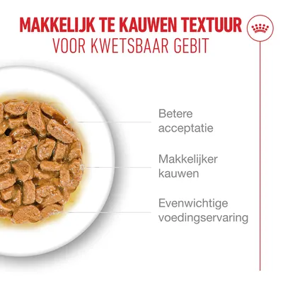 Voer met een gemakkelijk te kauwen textuur voor een gevoelig gebit. Voordelen: betere acceptatie, eenvoudiger kauwen, evenwichtige voedingsbeleving.