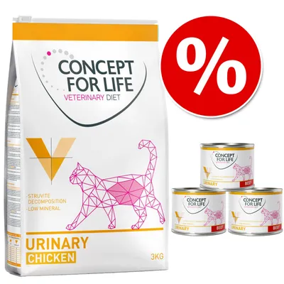 Concept for Life Veterinary Diet Urinary Chicken 3kg dry cat food bag and three Urinary Beef cans, visible struvite decomposition, low mineral text, red percent discount symbol