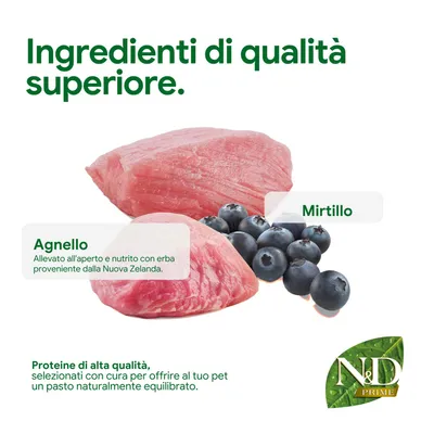 Componenti: carne di agnello della Nuova Zelanda e mirtilli. Proteine di alta qualità, selezionate con cura per un pasto naturalmente equilibrato. N&D Prime.