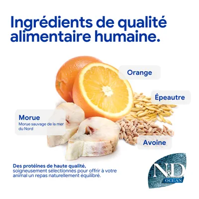 Ingrédients : orange, cabillaud de la mer du Nord, épeautre, avoine. Protéines de haute qualité pour un repas équilibré. N&D Ocean. Ingrédients : orange, cabillaud de la mer du Nord, épeautre, avoine. Protéines de haute qualité pour un repas équilibré. N&D Ocean.