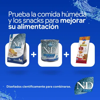 N&D Ocean pienso, comida húmeda y Dental Treats. Desarrollado científicamente para combinarse. Prueba los snacks y la comida húmeda para mejorar la alimentación. N&D Ocean pienso, comida húmeda y Dental Treats. Desarrollado científicamente para combinarse. Prueba los snacks y la comida húmeda para mejorar la alimentación.