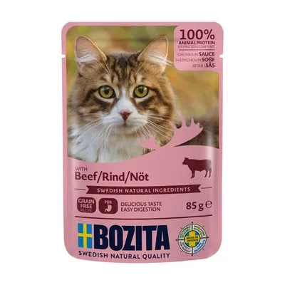 Saqueta Bozita com imagem de gato, texto visível: 100% animal protein, with Beef/Rind/Nöt, Swedish natural ingredients, grain free, 85 g, BOZITA, Swedish natural quality.