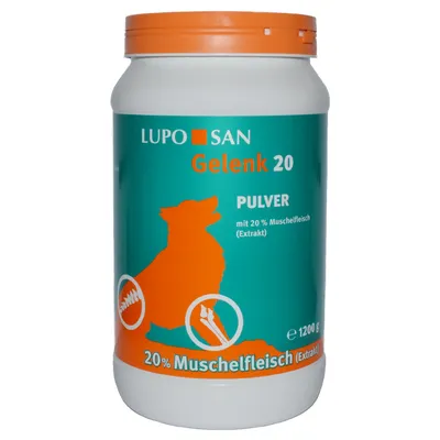 Кутия LUPO SAN Gelenk 20 Pulver, 1200 г, с надпис: 20 % Muschelfleisch (Extrakt), изображение на куче и схематични стави. Текстът е на немски език.
