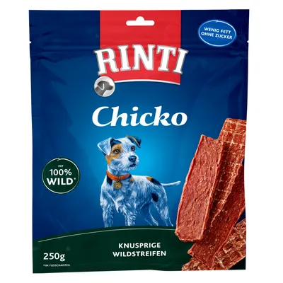 RINTI Chicko, 250 g, mit 100% Wild*, knusprige Wildstreifen, wenig Fett ohne Zucker. Texte en allemand visibles sur l’emballage.